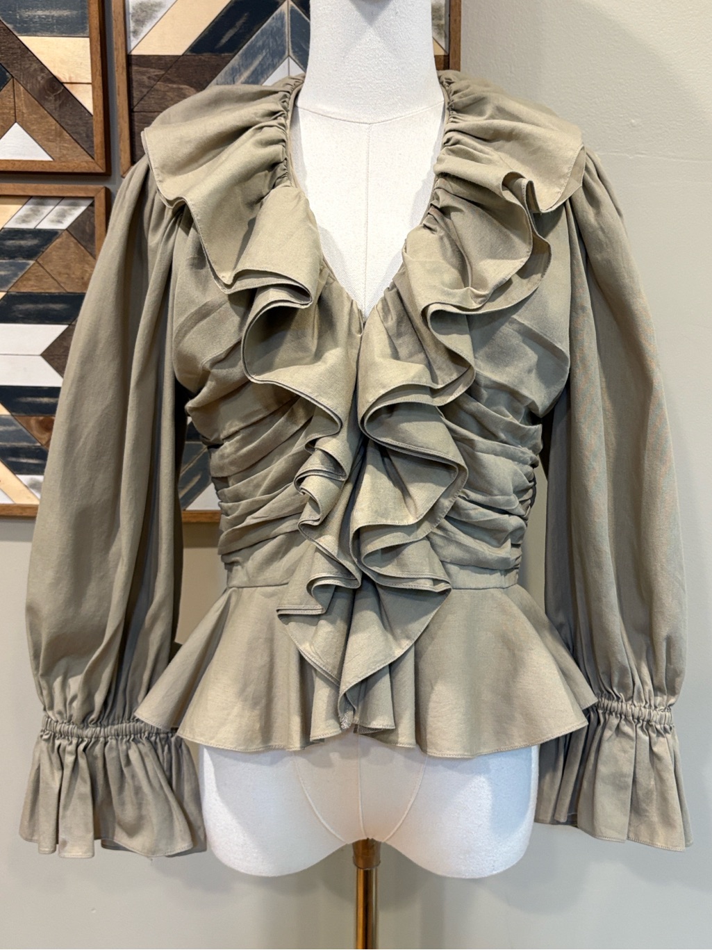 Vintage Ralph Lauren Collection Tan Ruched Ruffled Blouse Size 4